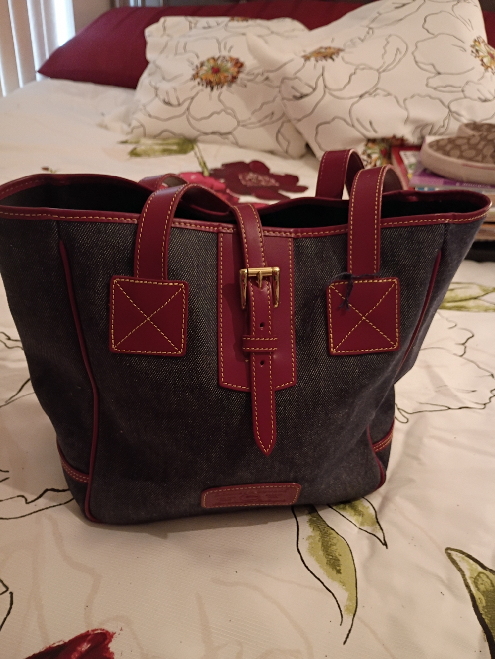 Women's  Dooney And bourke  Denim Tote Bag with Burgundy Trim